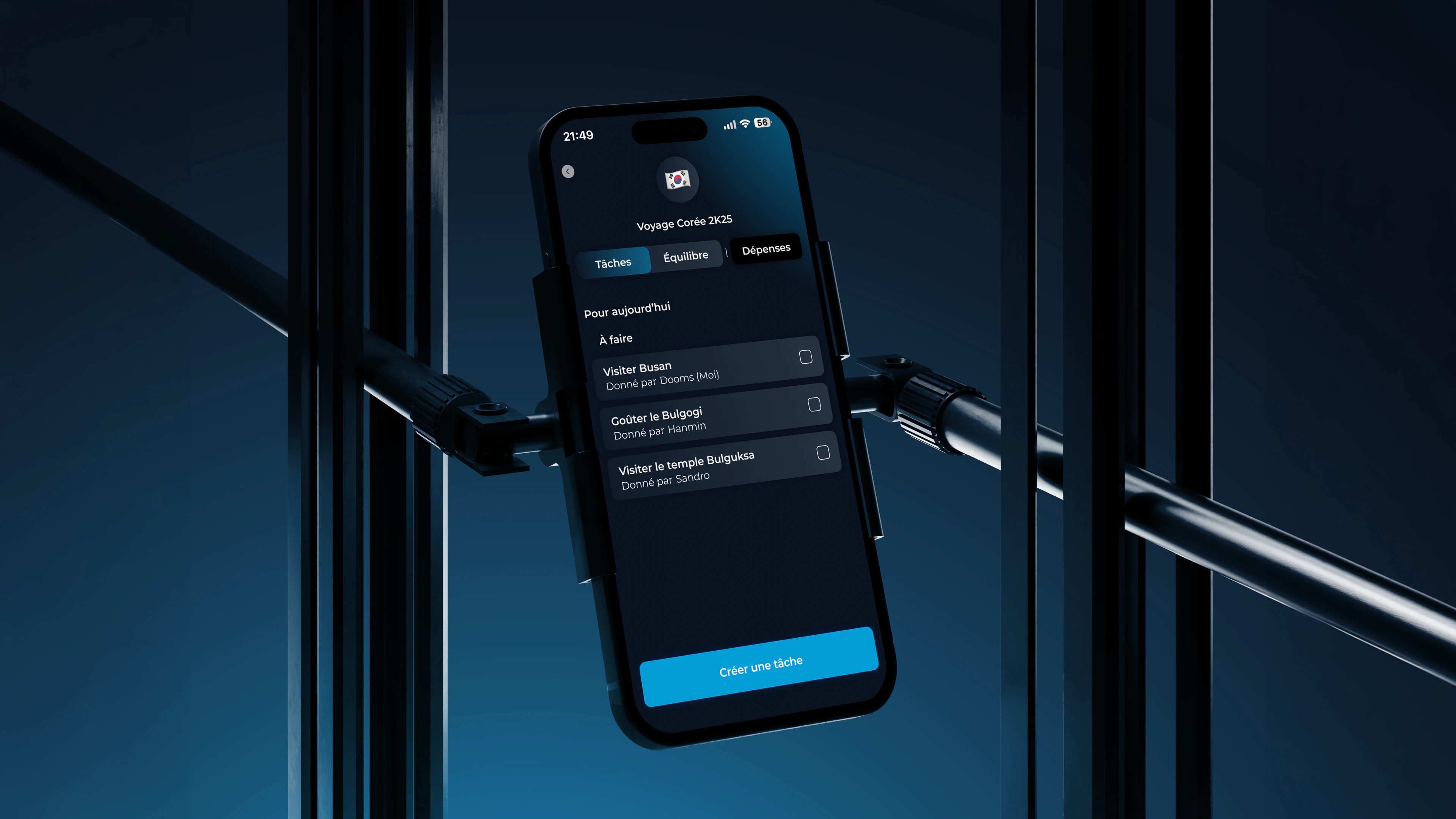 Bandy : mockup de l’interface mobile du voyage Corée 2K25, avec les tâches du groupe