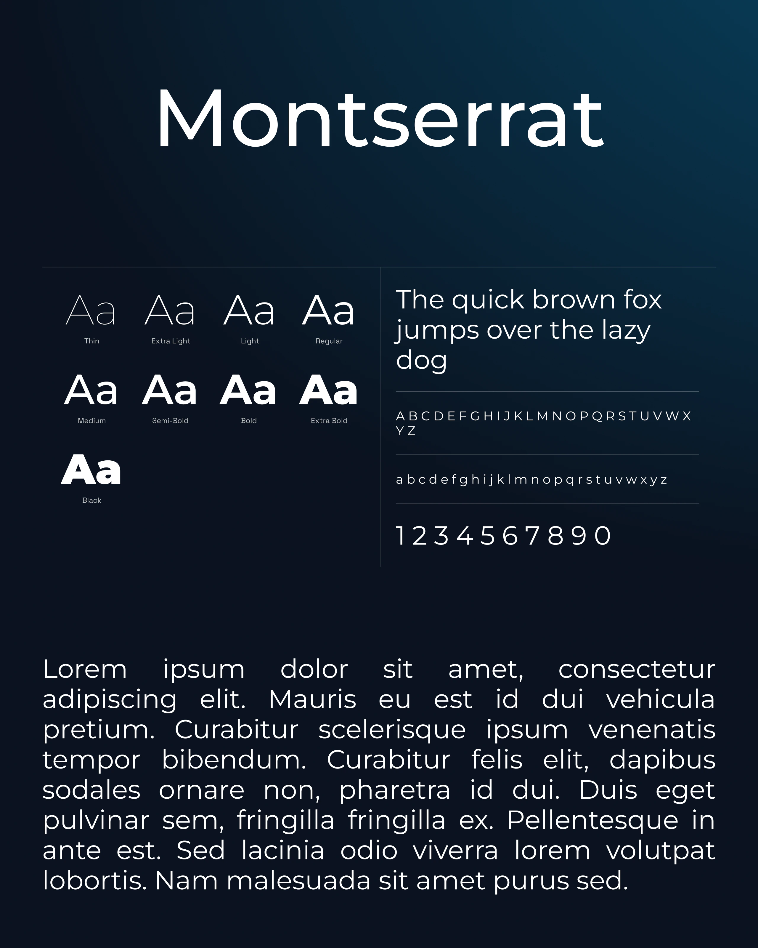 Bandy : spécimen de la typographie Montserrat, graisses, alphabet et chiffres