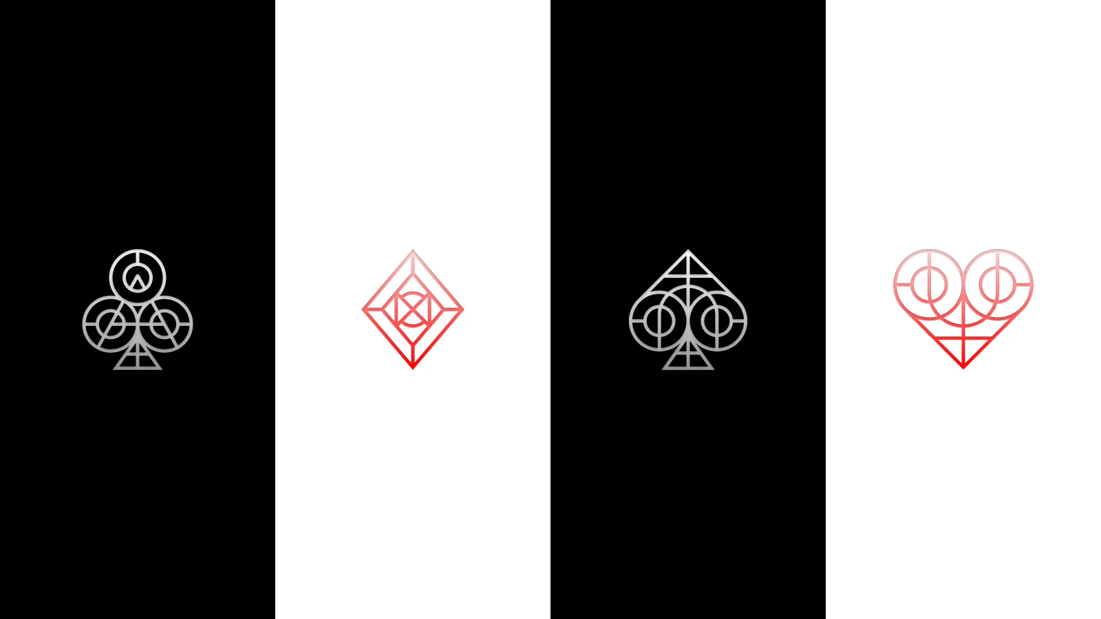 Aeruk Playing Card, trèfle, carreau, pique et cœur redessinés avec des lignes géométriques