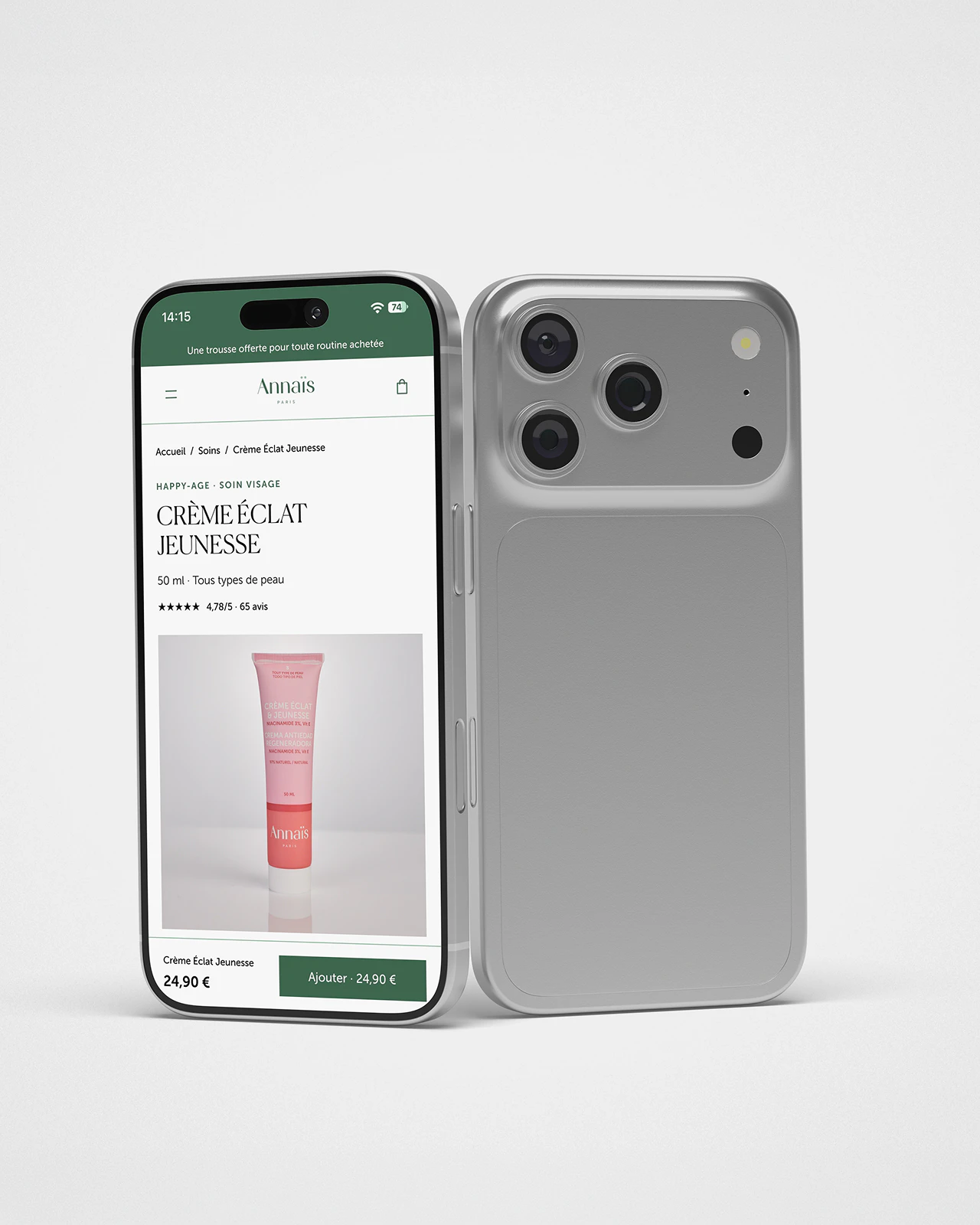 Annaïs Paris : fiche produit sur mobile avec photo du soin et bouton d’ajout au panier