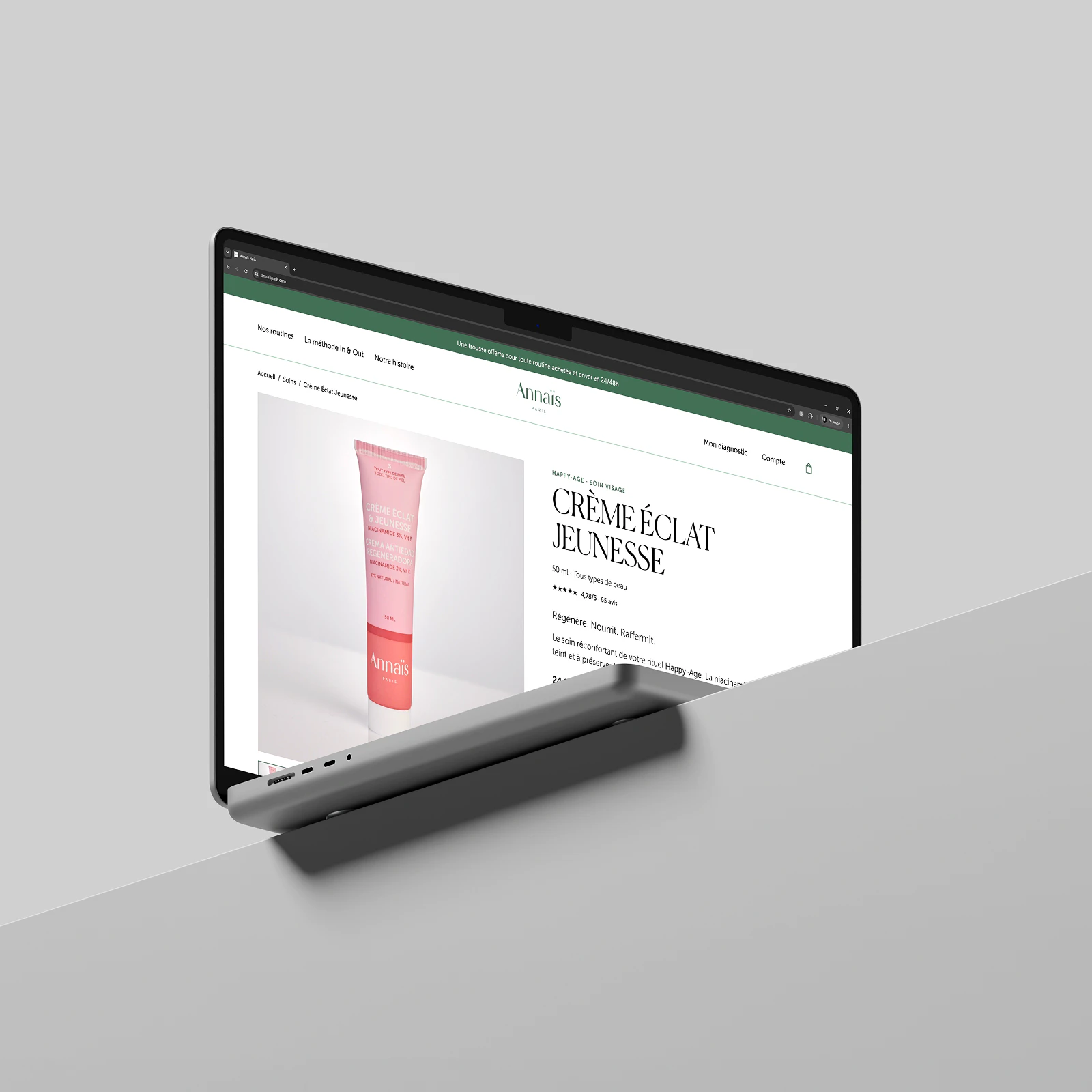 Annaïs Paris : maquette de la fiche Crème Éclat Jeunesse présentée sur un ordinateur portable