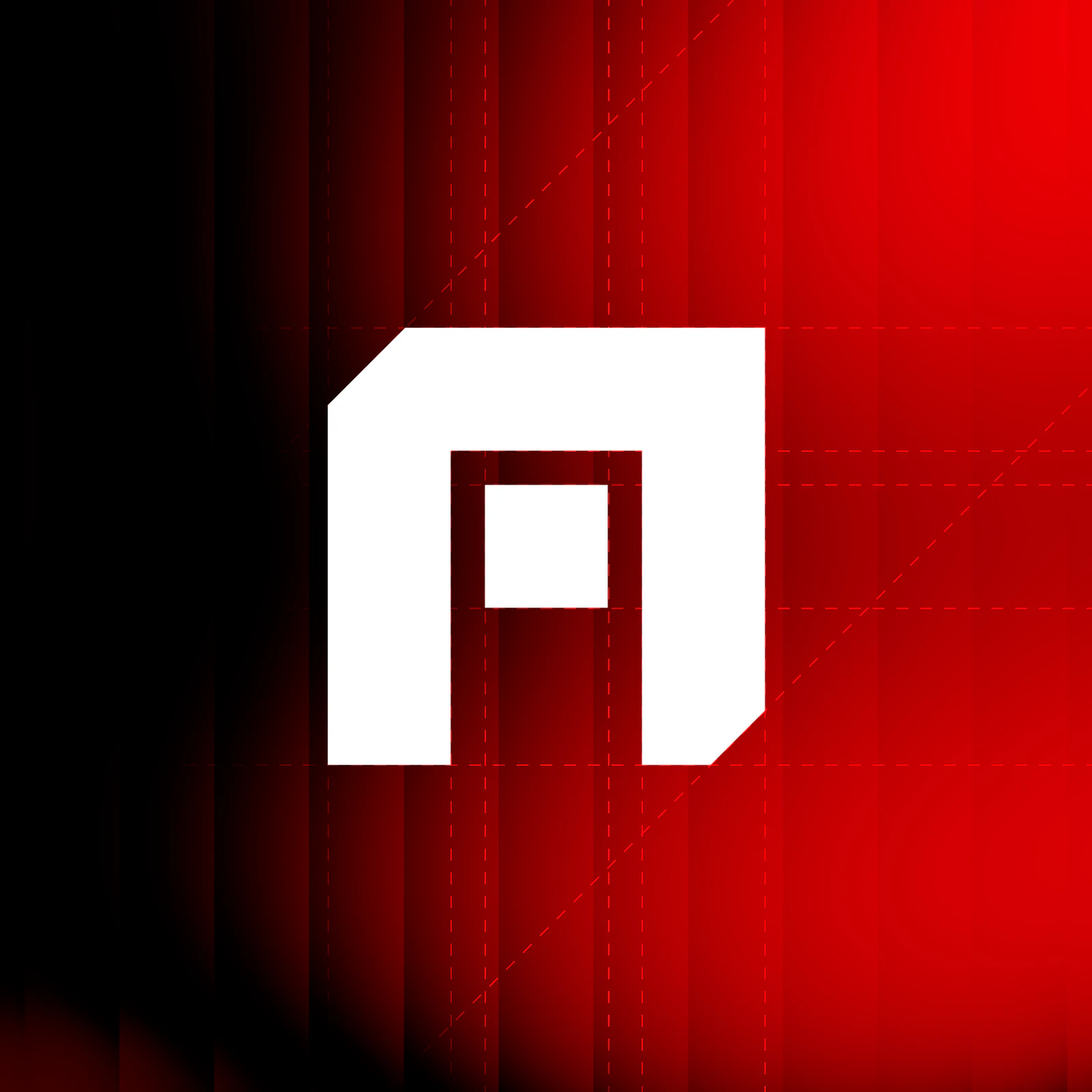 ARESQ Font: construction of A, proportions, square counter and bevelled corners on black and red