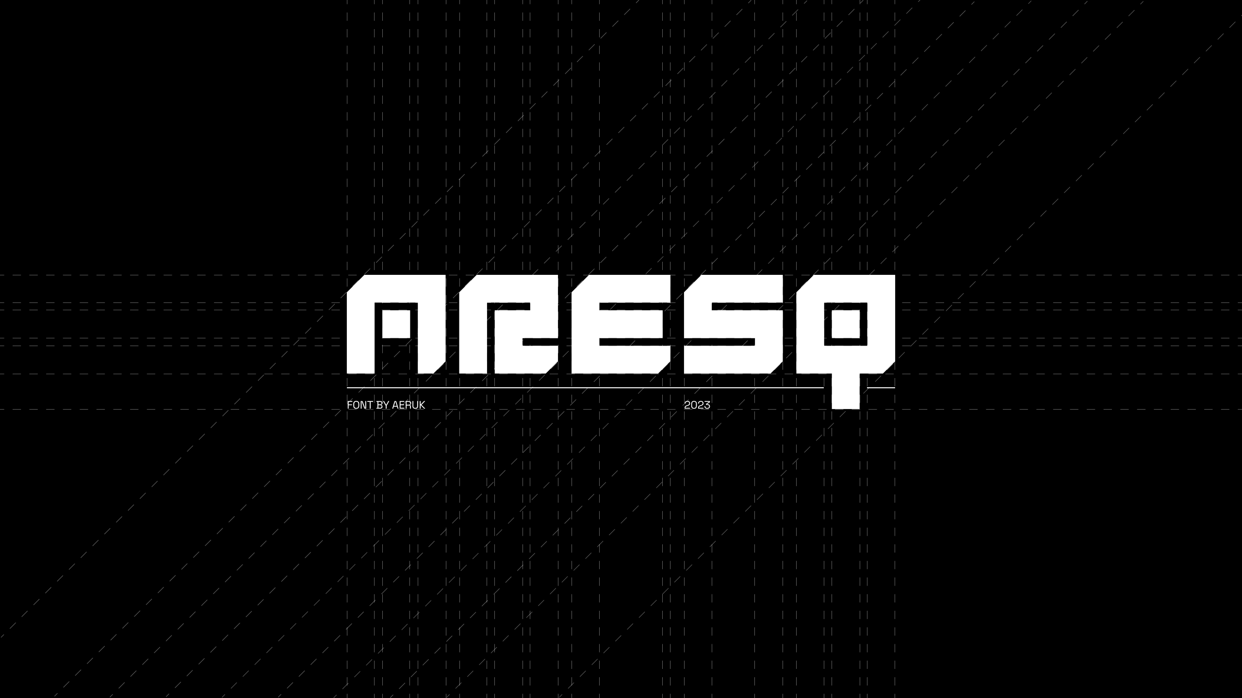 ARESQ Font, lettrage géométrique blanc et grille de construction sur fond noir