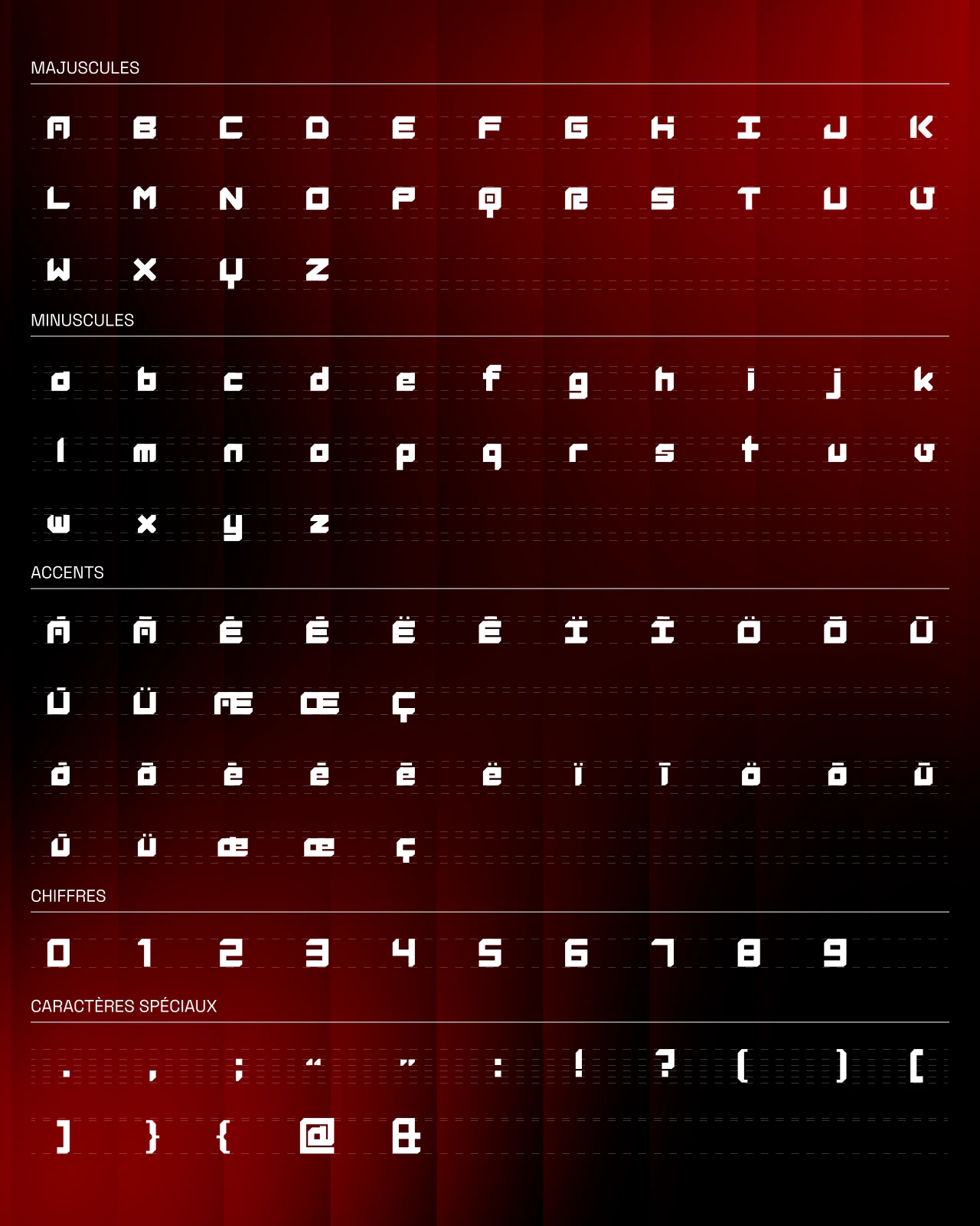 ARESQ Font: uppercase, lowercase, accents, numerals and special characters on black and red