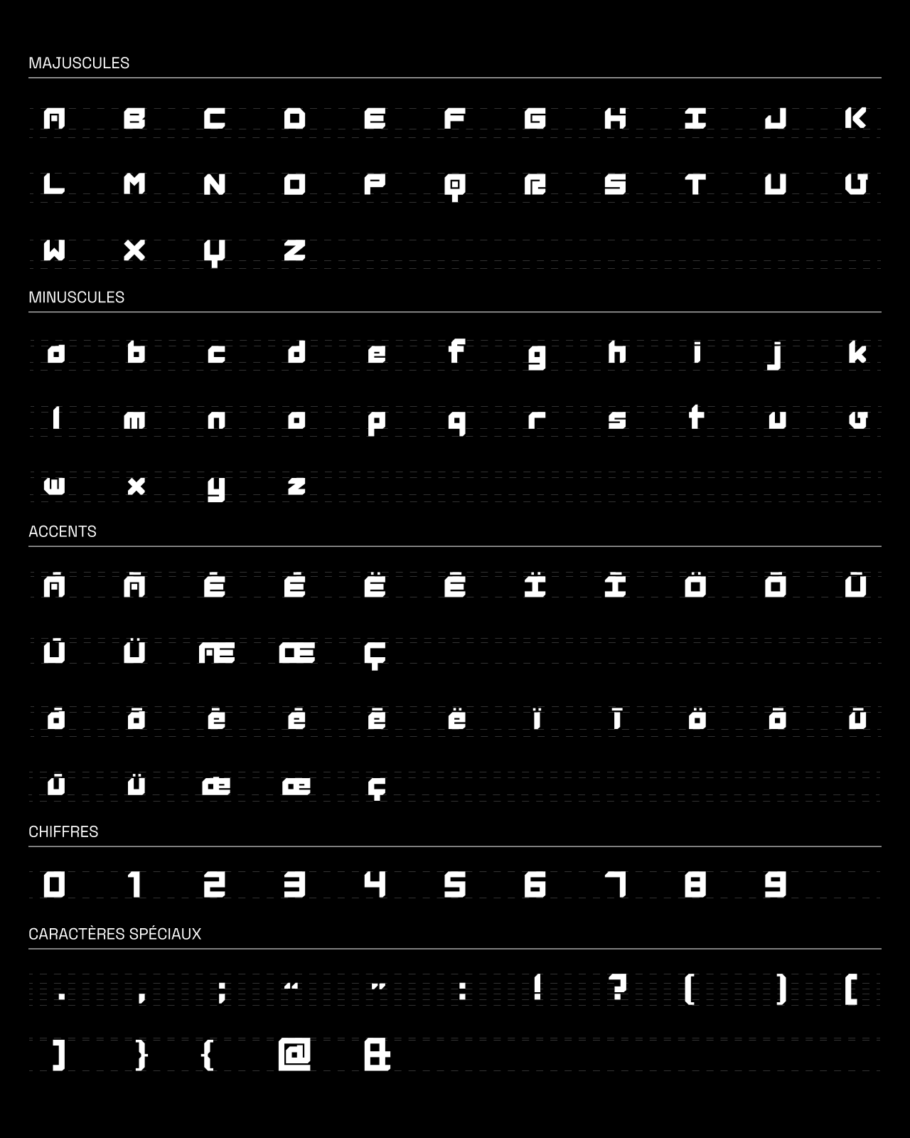 ARESQ Font, spécimen des majuscules, minuscules, accents, chiffres et caractères spéciaux