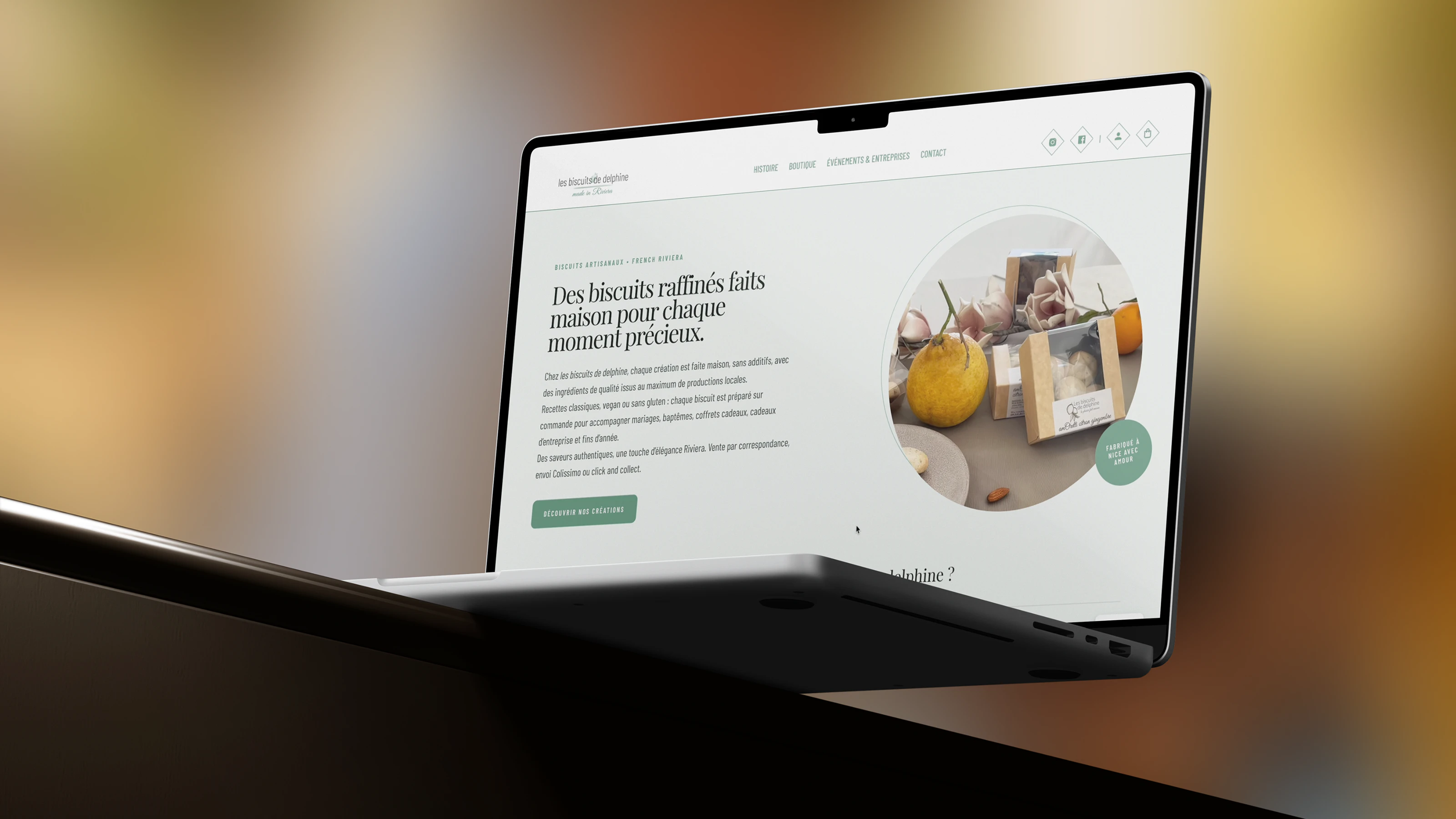Les Biscuits de Delphine : page d’accueil du site présentée sur un ordinateur portable