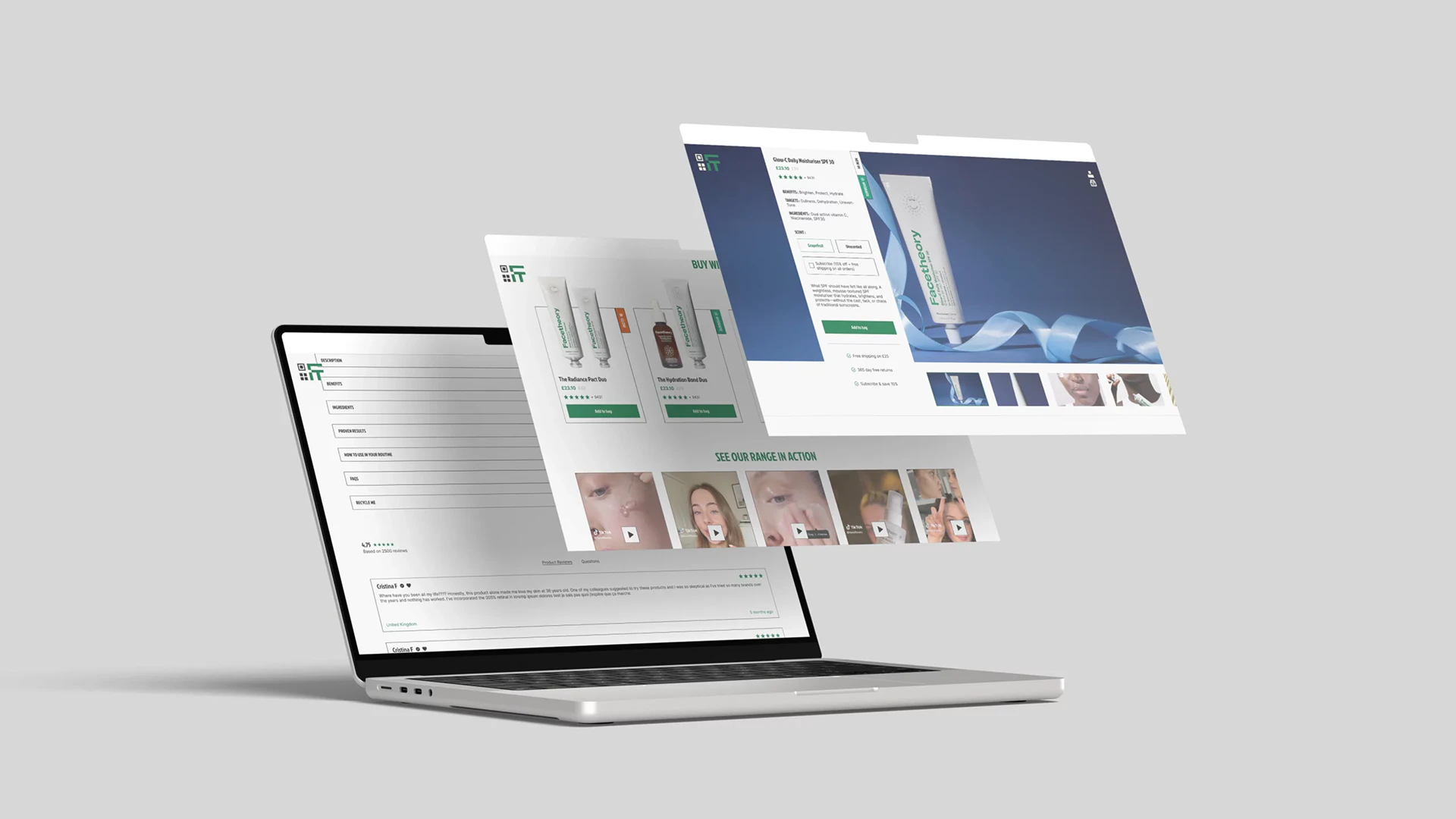 Facetheory, design maximaliste : fiche produit et recommandations sur ordinateur