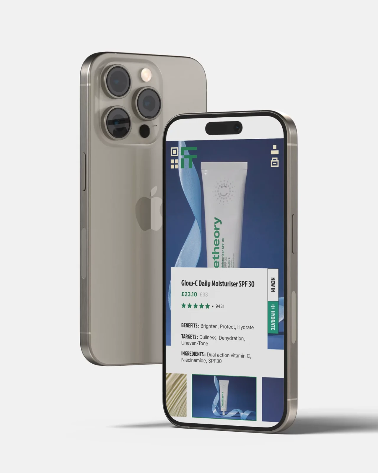 Facetheory, design maximaliste : fiche produit sur mobile, image agrandie et informations superposées