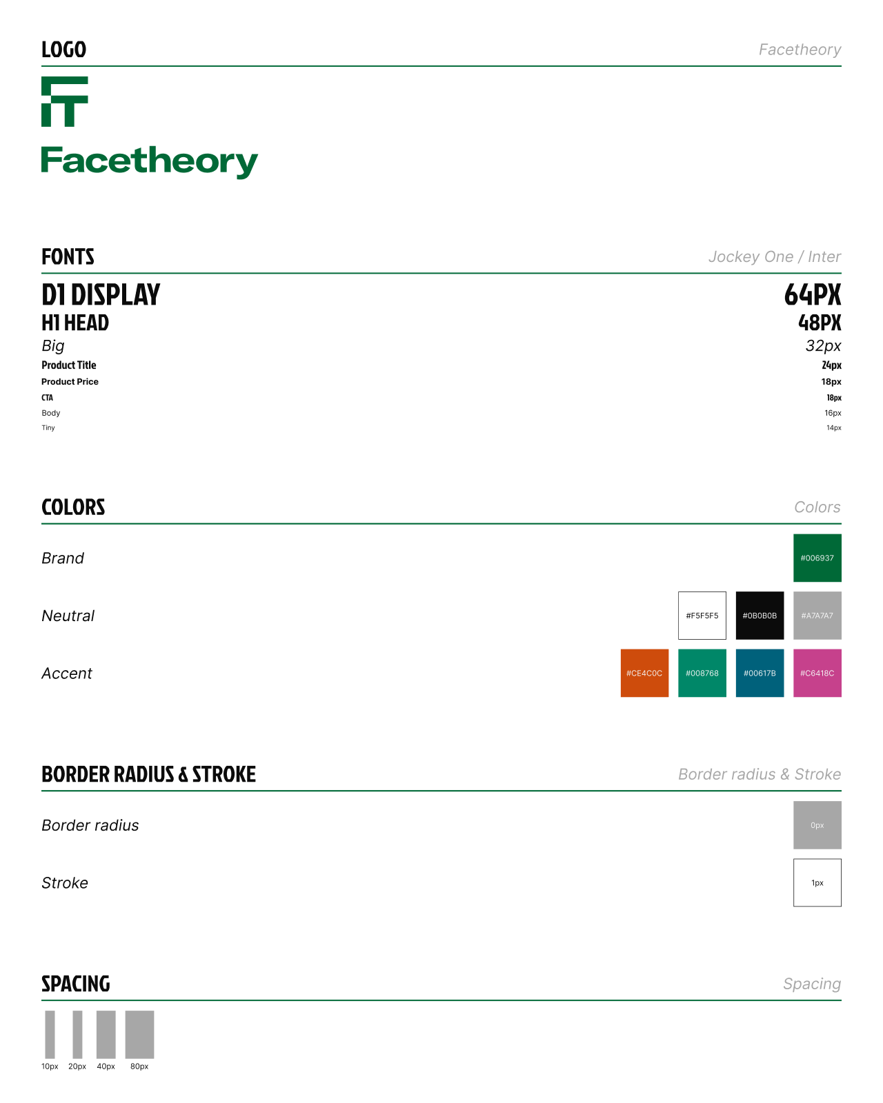 Facetheory, style guide maximaliste : monogramme, Jockey One, Inter, couleurs et espacements