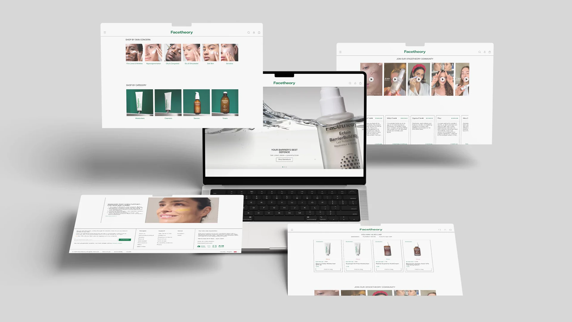Facetheory, design minimaliste : accueil sur ordinateur, catégories de soins et avis