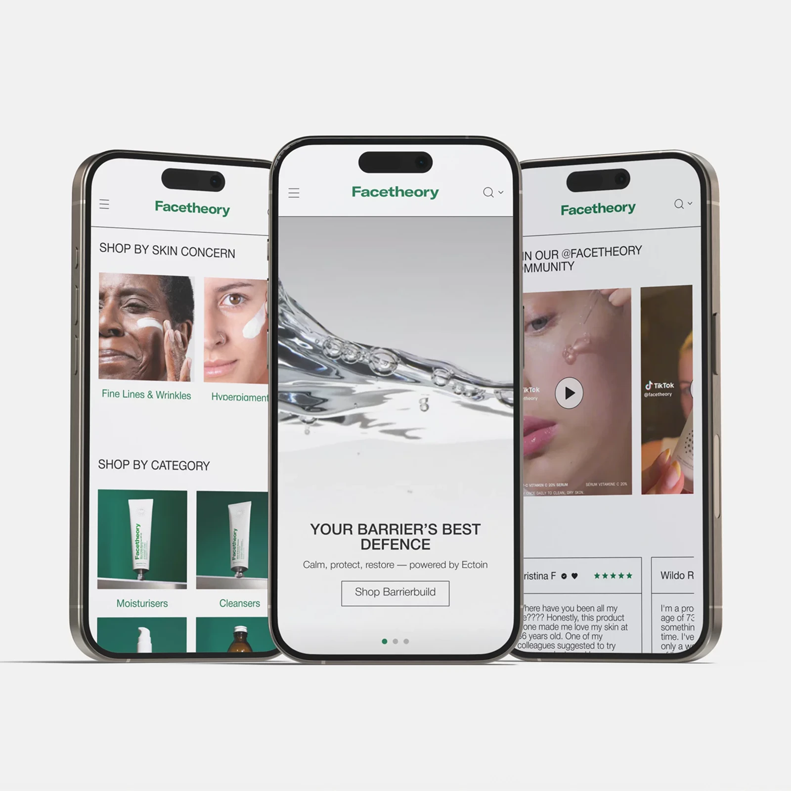 Facetheory, design minimaliste : trois vues de l’accueil sur mobile