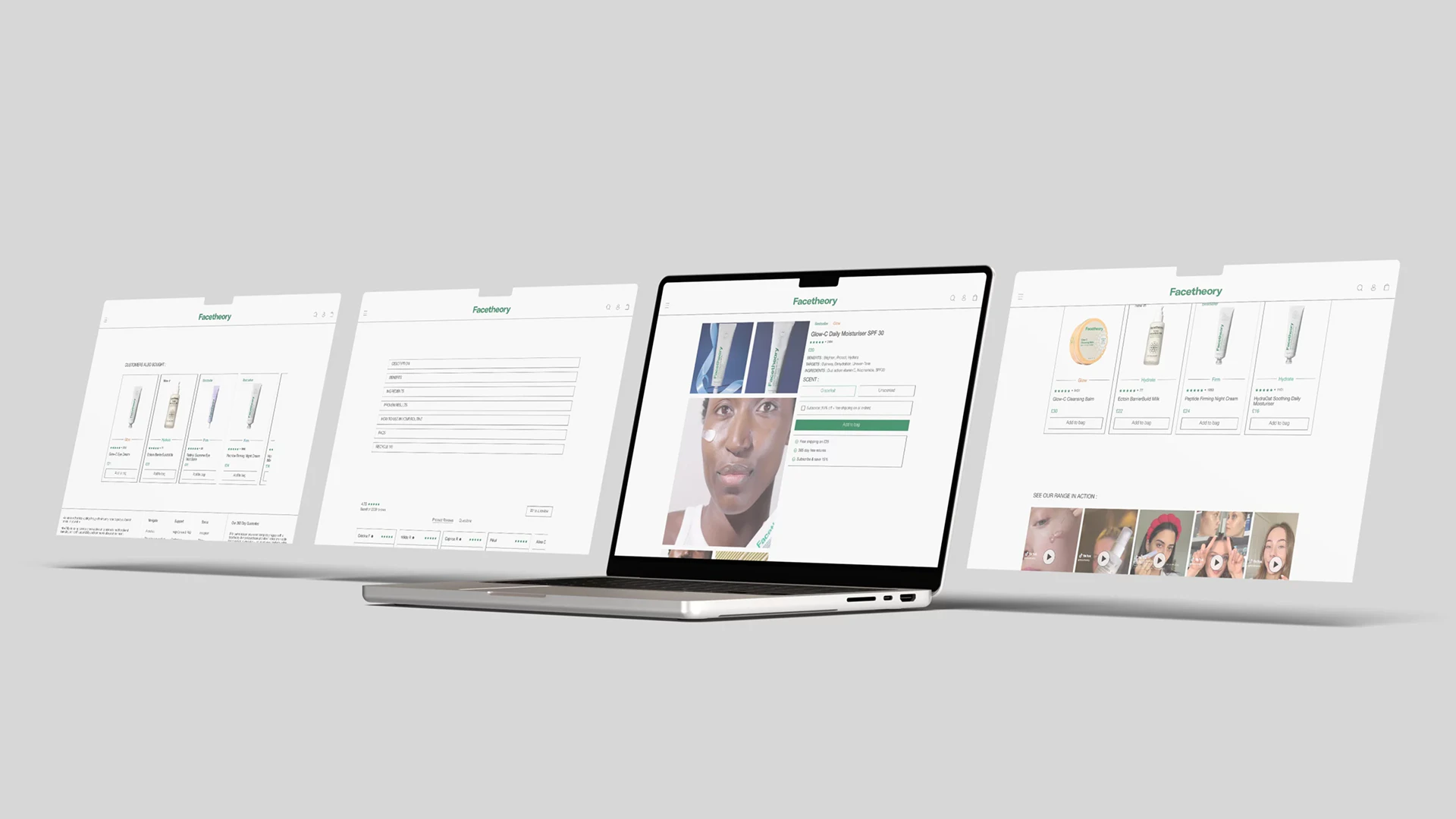 Facetheory, design minimaliste : fiche produit et détails sur ordinateur