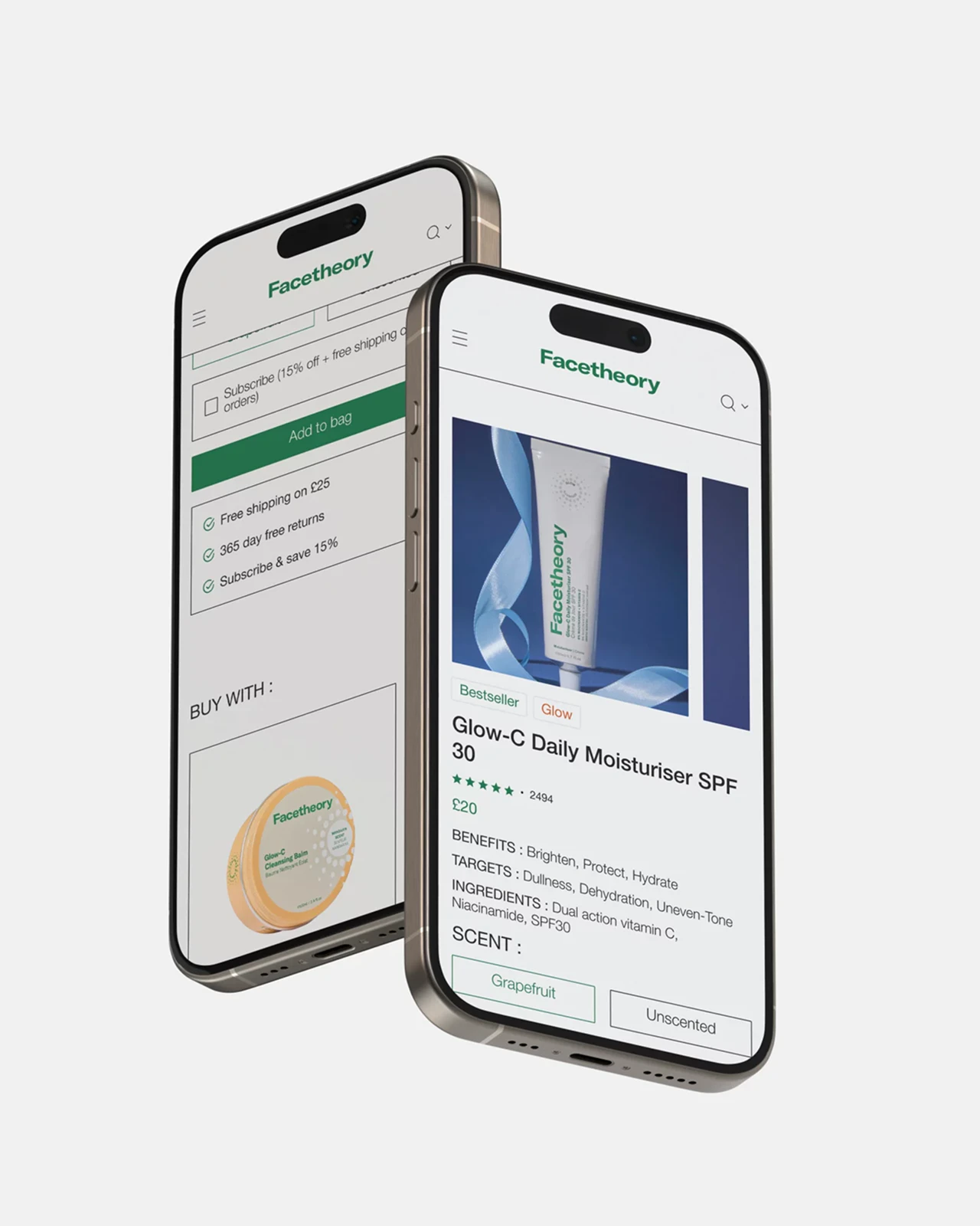 Facetheory, design minimaliste : fiche produit et options d’achat sur mobile