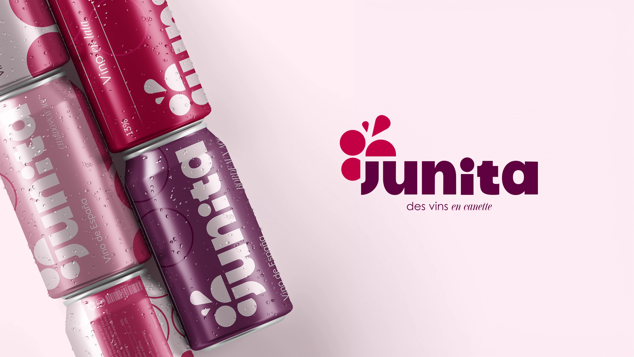 Junita : couverture du rebranding, logotype et gamme de vins en canettes sur fond rose