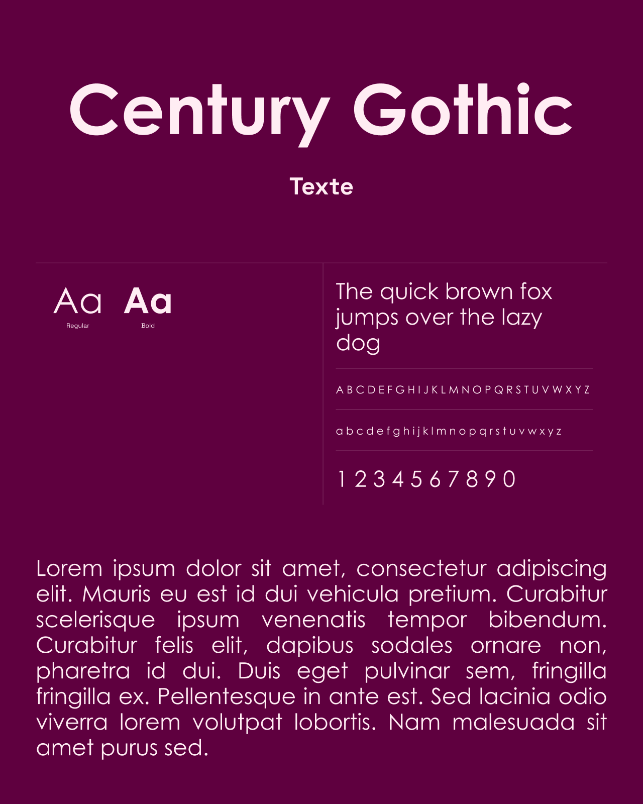 Junita : spécimen de Century Gothic, typographie des textes