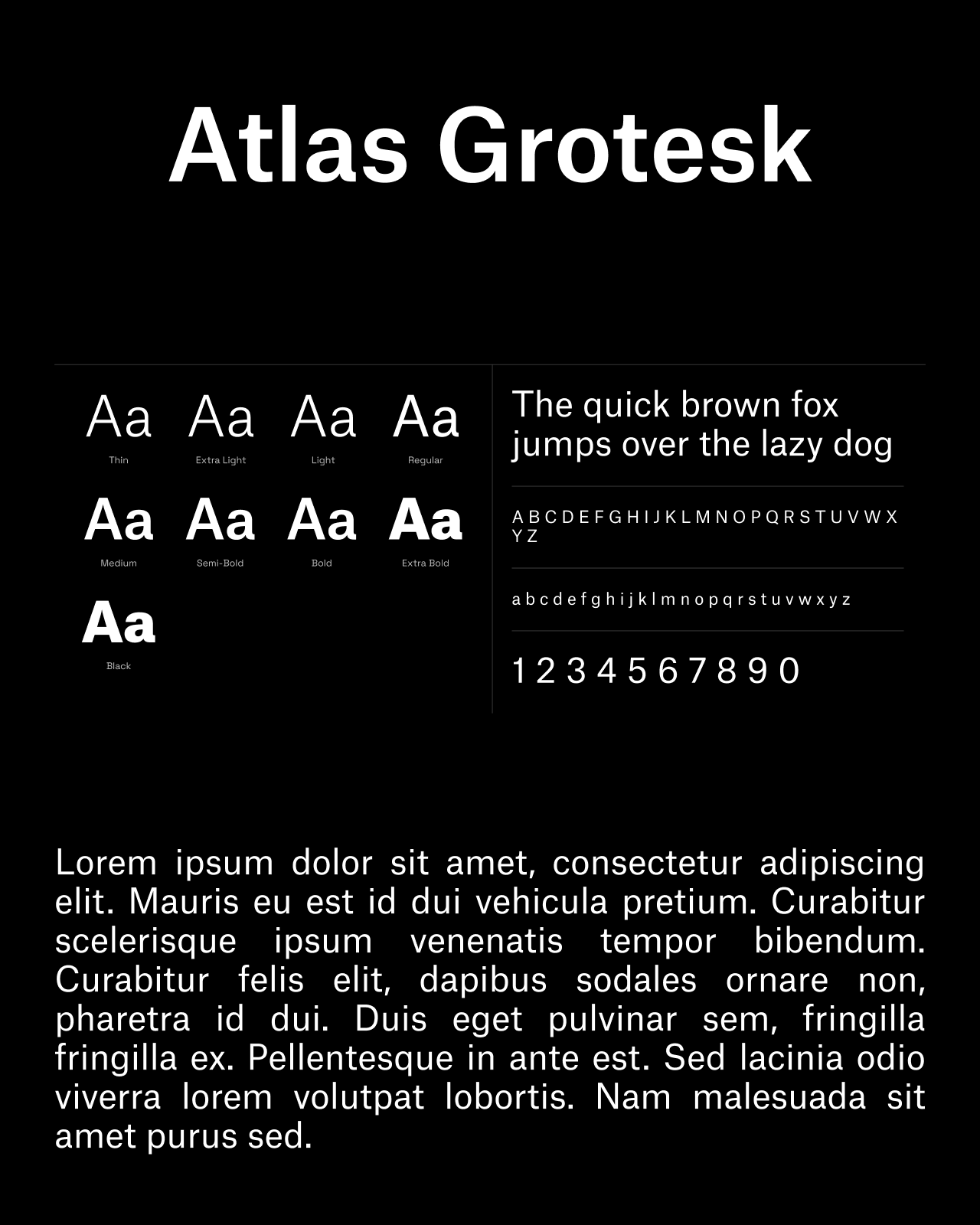 Spécimen Atlas Grotesk : graisses, alphabet, chiffres et exemple de texte sur fond noir
