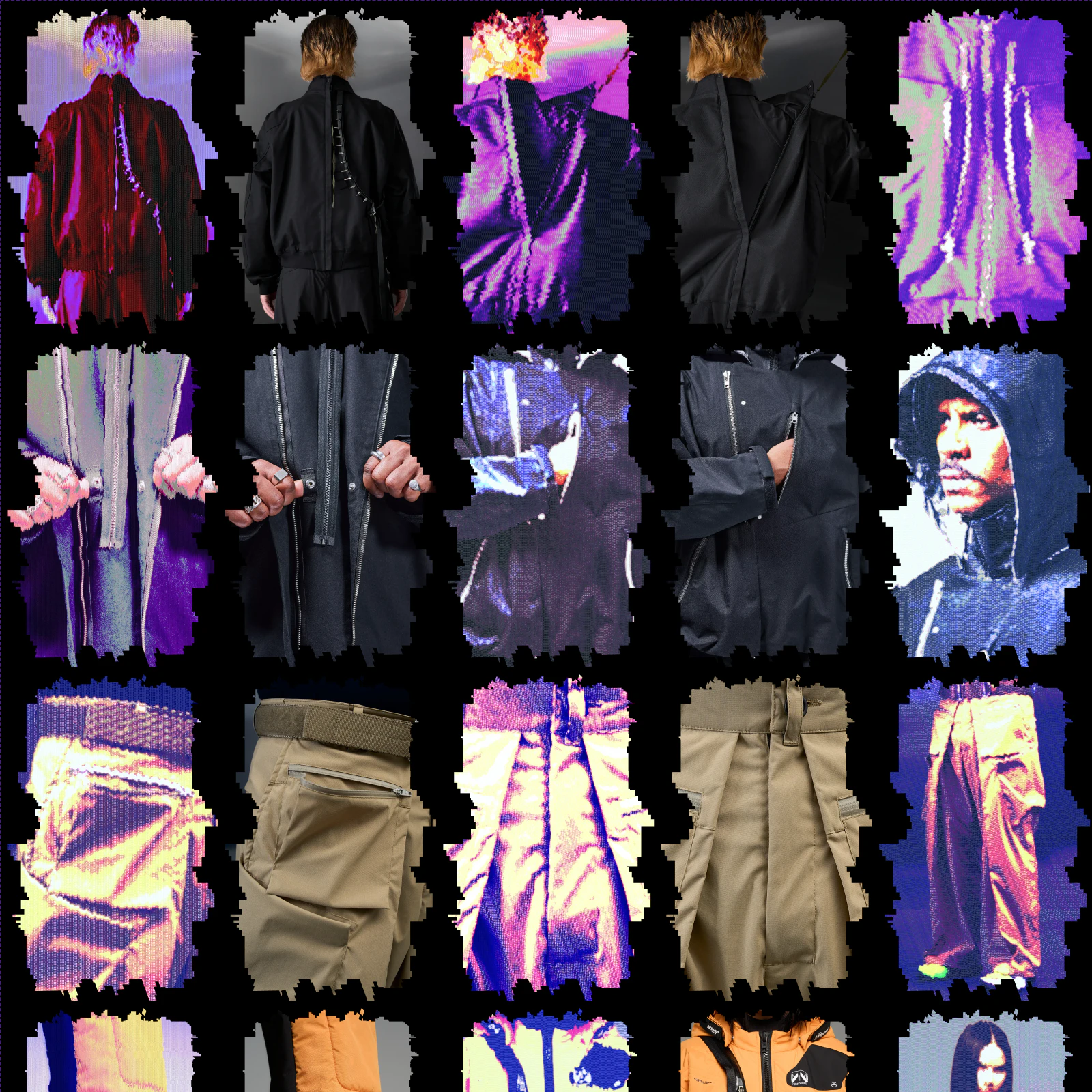 ACRONYM : planche de photographies de vêtements et de détails, alternant images originales et effets glitch
