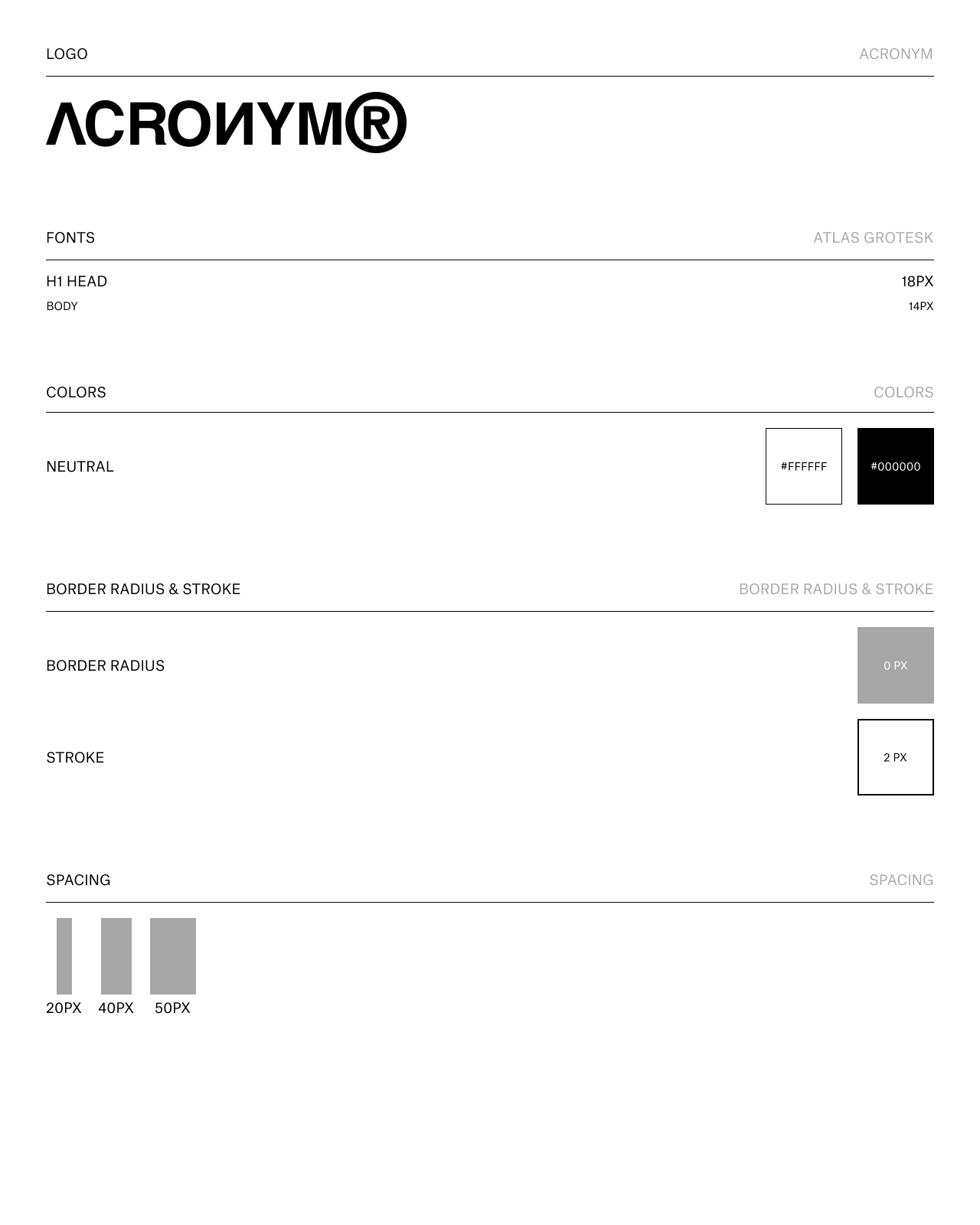 Style guide ACRONYM : logo, Atlas Grotesk, noir et blanc, contours et espacements
