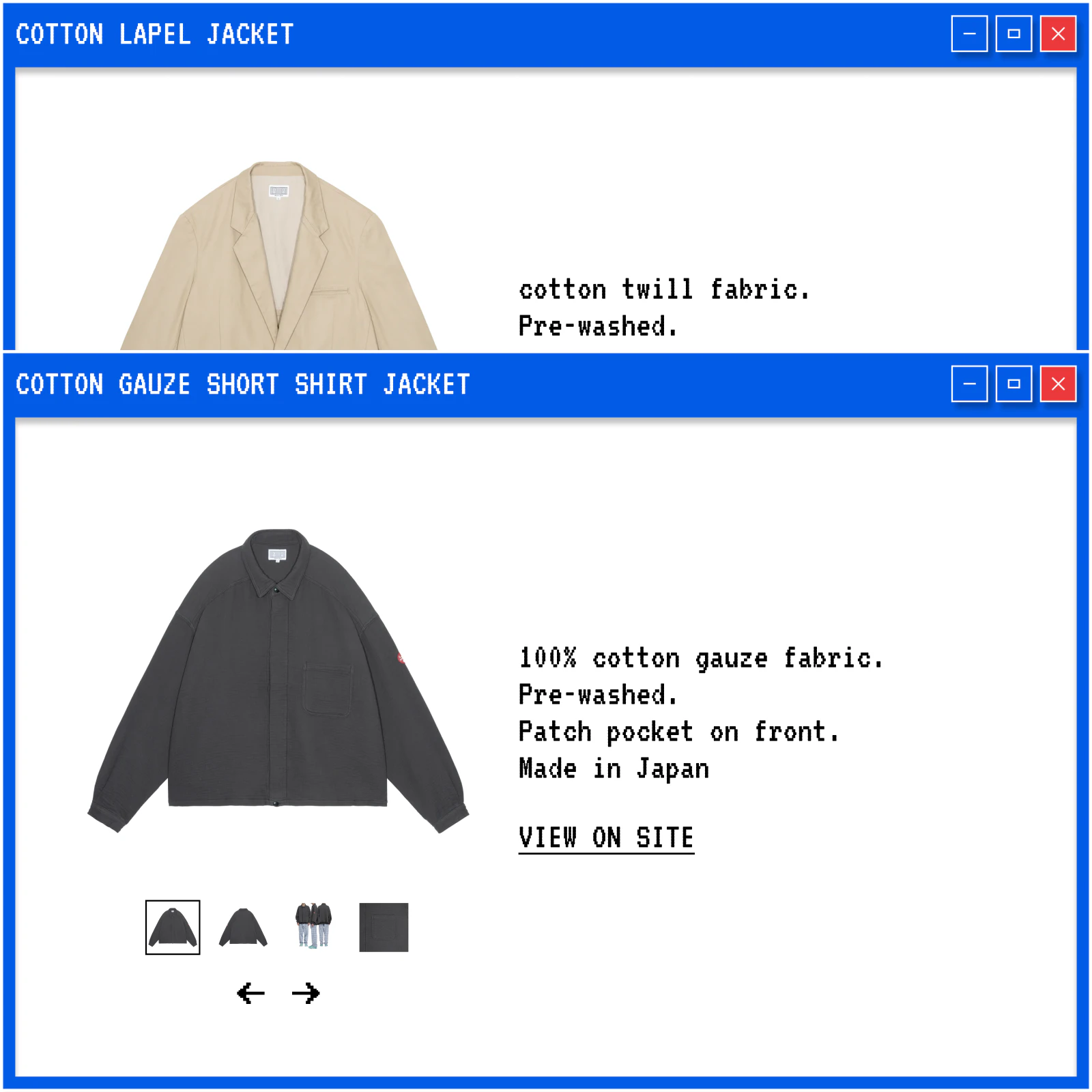 Lookbook CAV EMPT : fenêtres des vestes Cotton Lapel et Cotton Gauze, avec galerie et détails produit