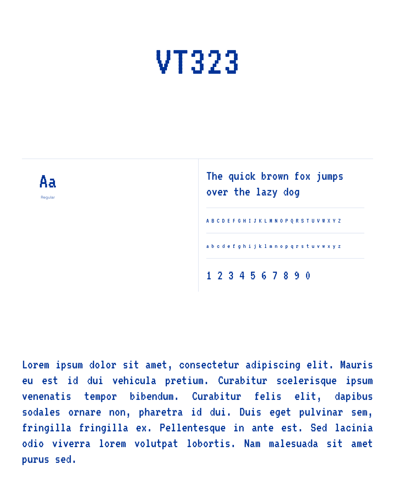 Spécimen VT323 : typographie pixel, alphabet, chiffres et exemple de texte