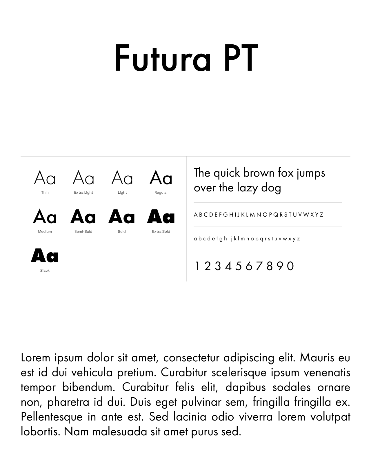 Spécimen Futura PT : graisses, alphabet, chiffres et exemple de texte
