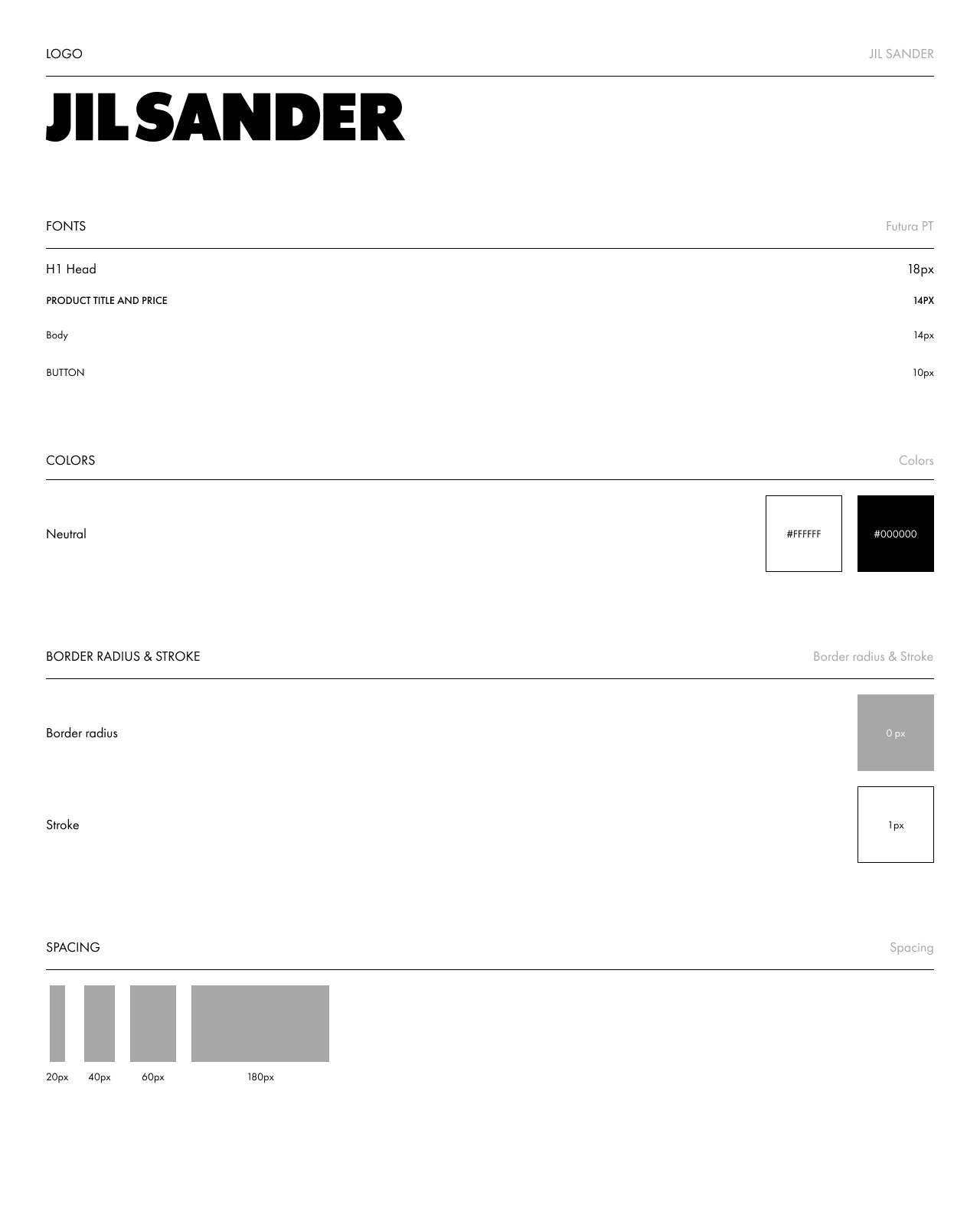 Style guide Jil Sander : logo, Futura PT, noir et blanc, espacements et contours
