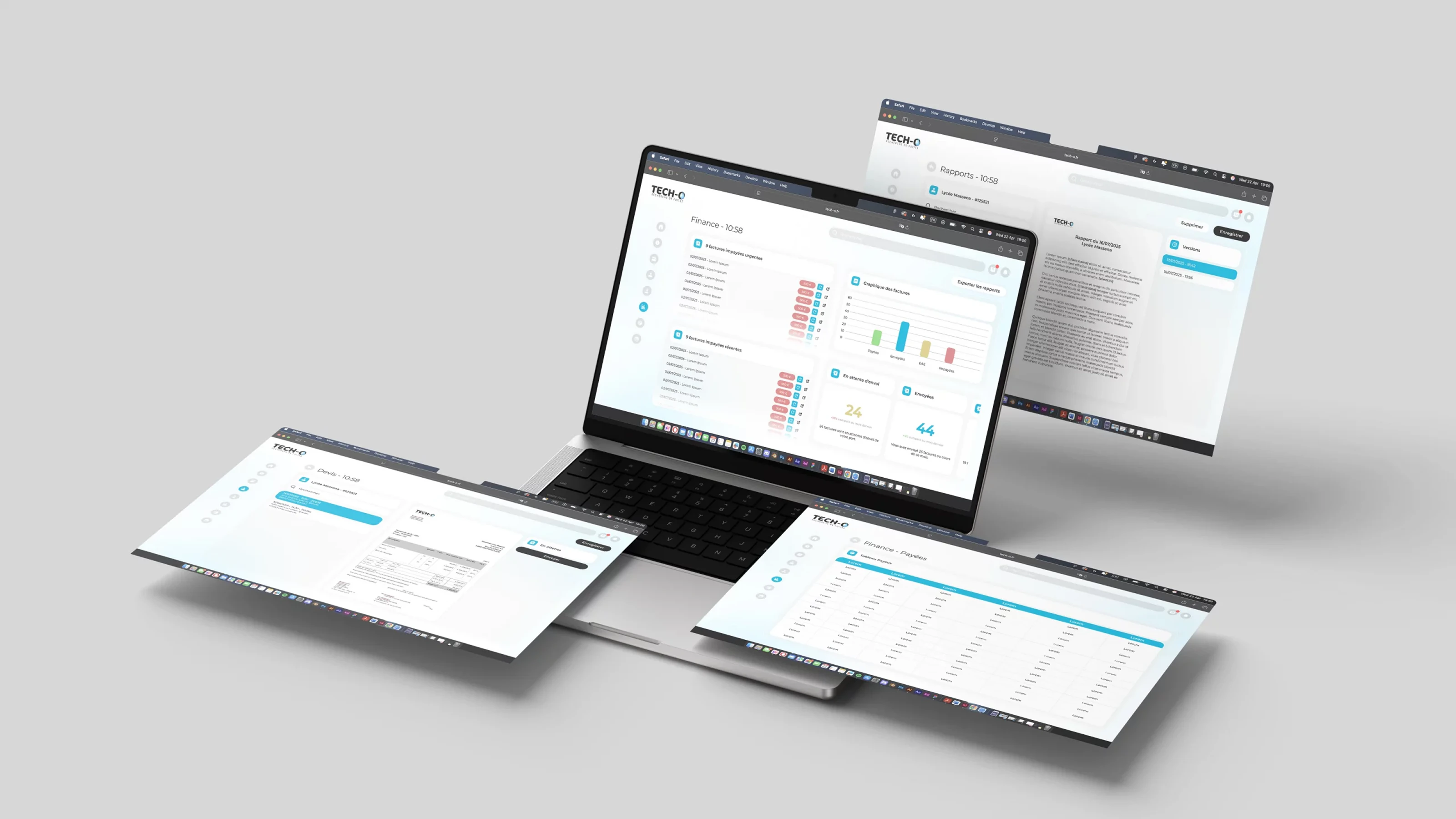 TECH-O : interfaces de suivi des factures, des devis et des rapports sur ordinateur